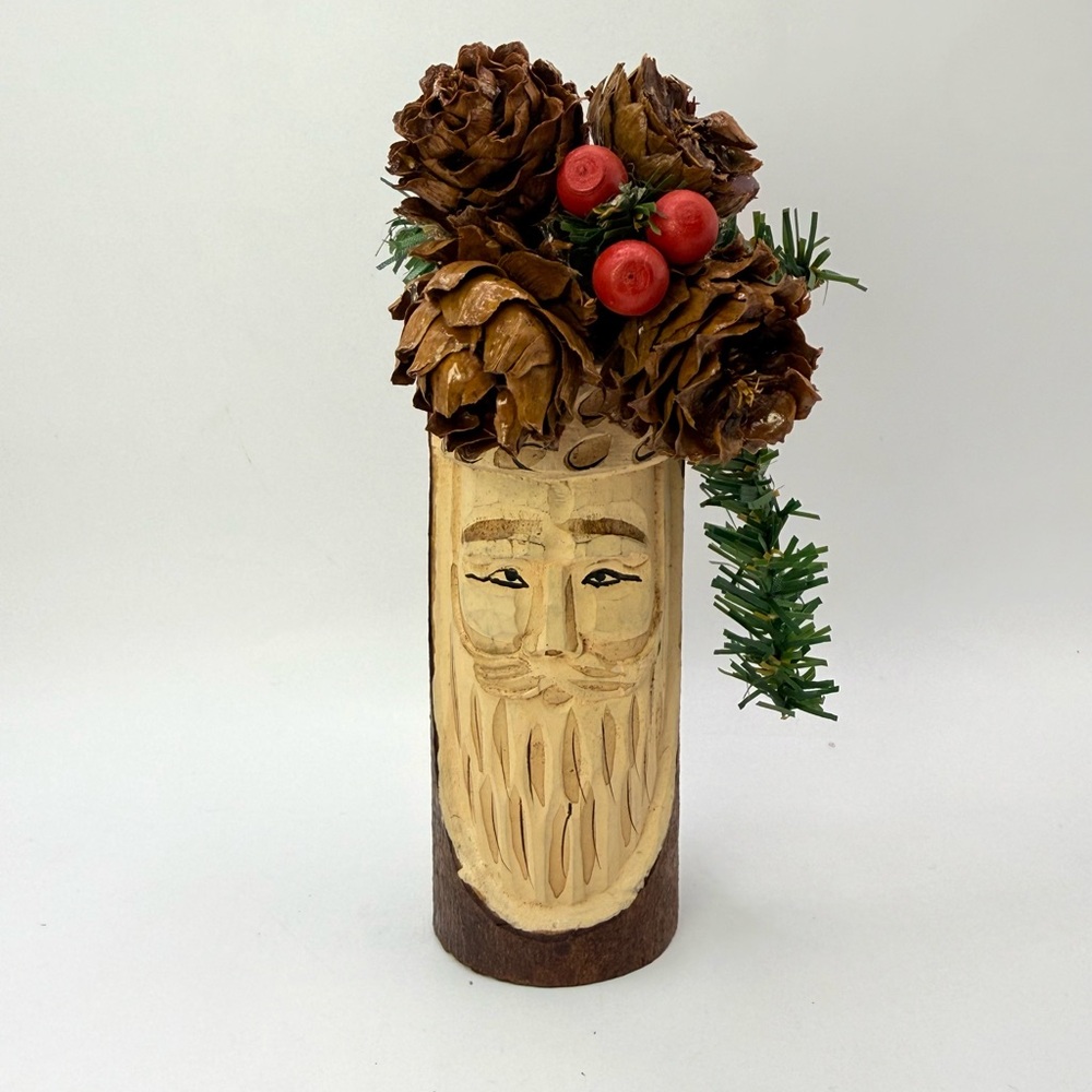 Vintage Hand Carved Wooden Santa Claus with Pine Cones Candle Holder 6” Tall